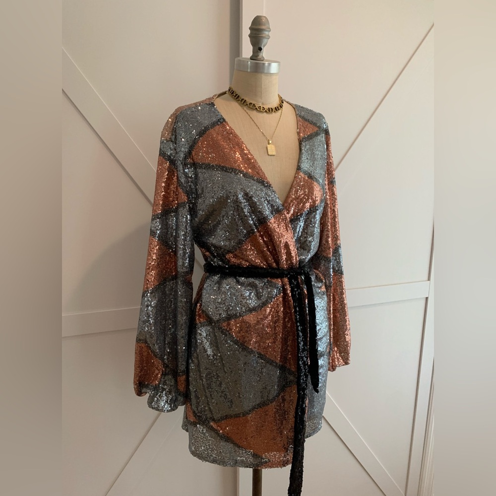 ✨ Sequin Wrap Mini Dress – Copper & Silver ✨
